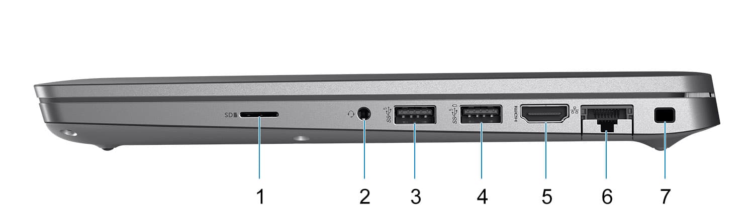 Dell Latitude 5430 우측 microSD, 오디오, USB-A, HDMI, RJ45와 잠금 슬롯 공식 이미지