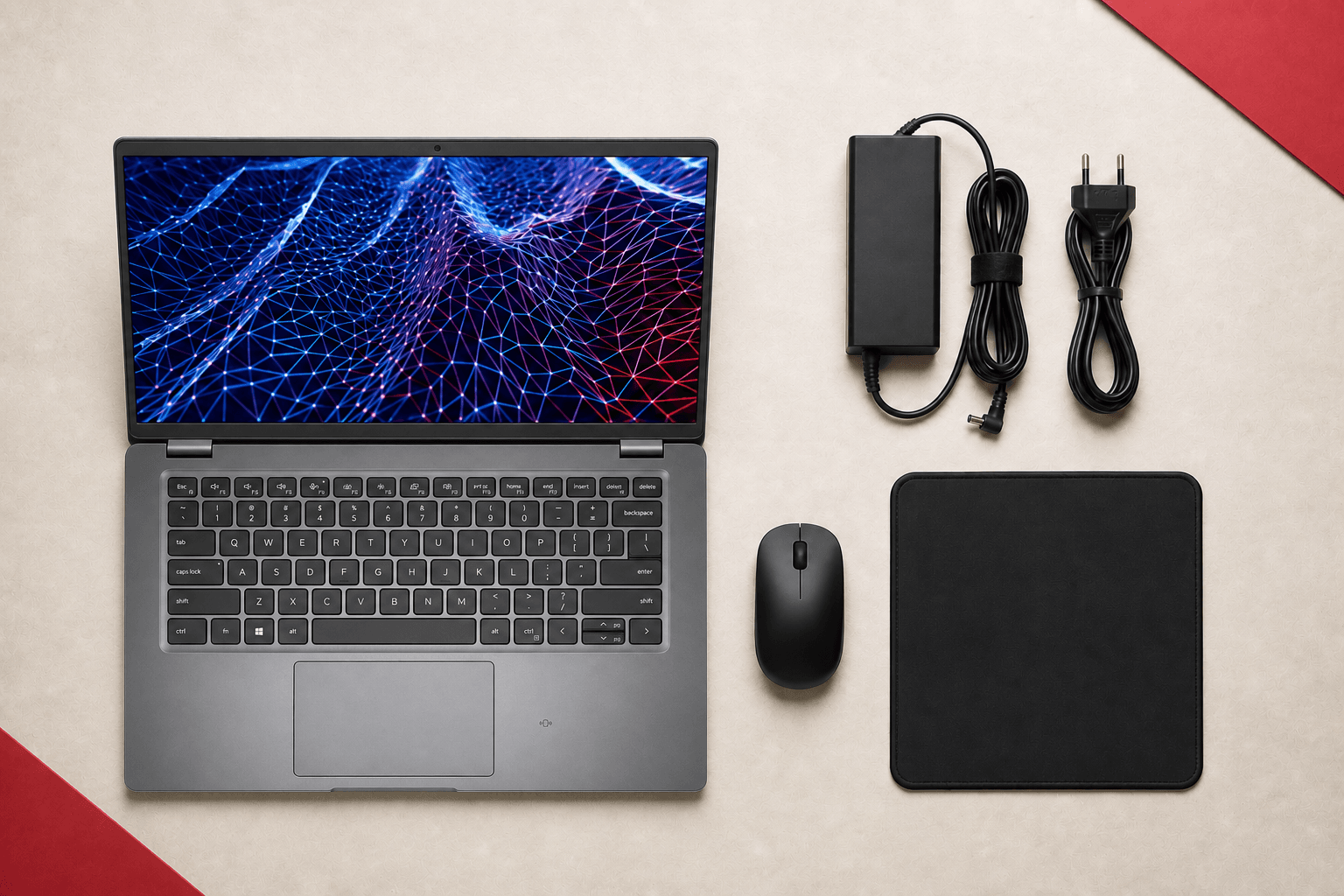 Dell Latitude 5430 본체와 정품 충전기, 무선 마우스, 마우스패드 구성 이미지