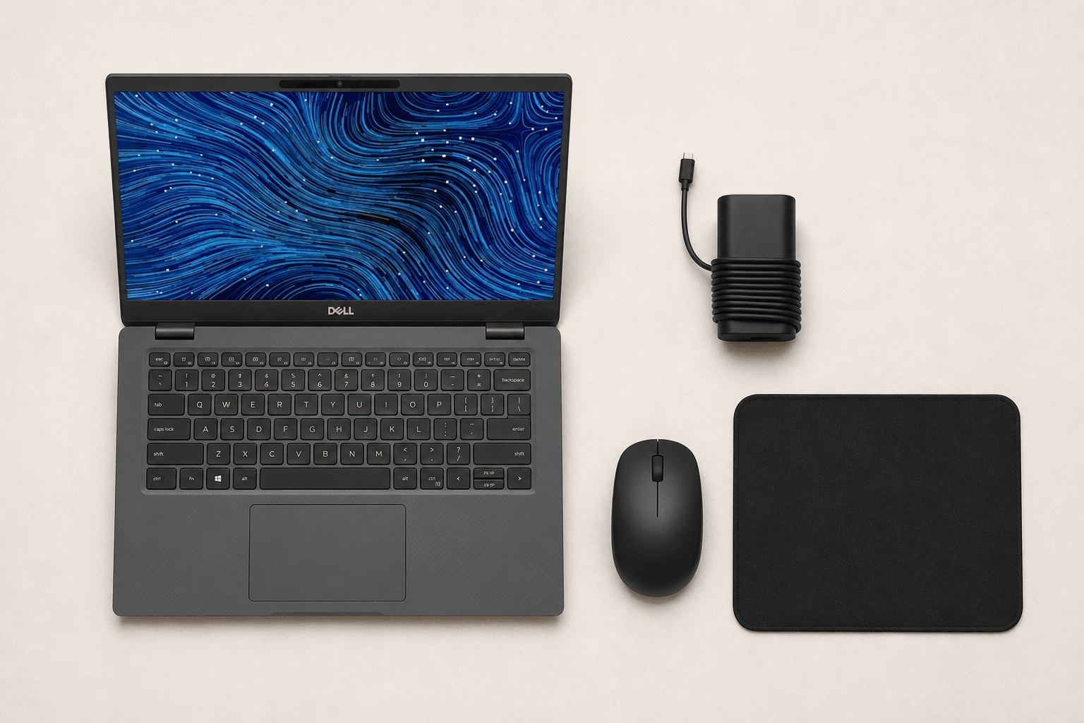 Dell Latitude 7420 본체와 정품 충전기, 무선 마우스, 마우스패드 구성 연출 이미지