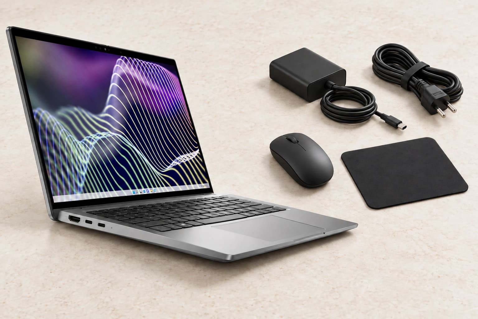 Latitude 7440 본체·어댑터·무선 마우스·마우스패드 연출