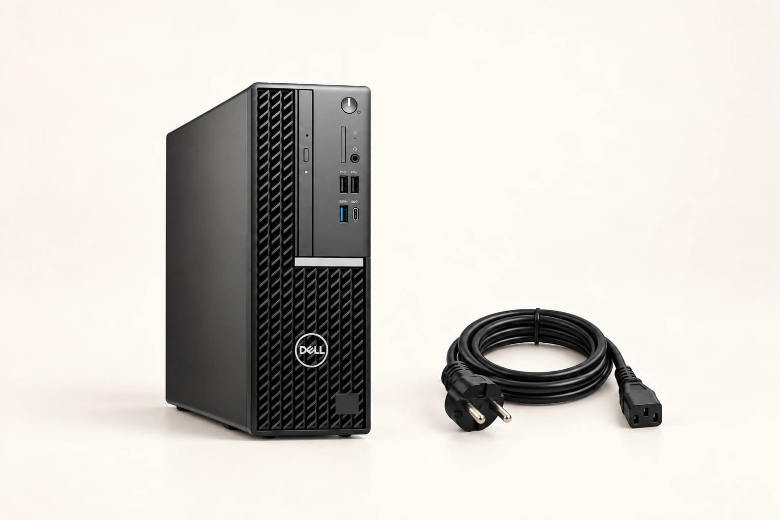 Dell OptiPlex 5000 SF 본체와 전원 케이블 AI 구성품 연출
