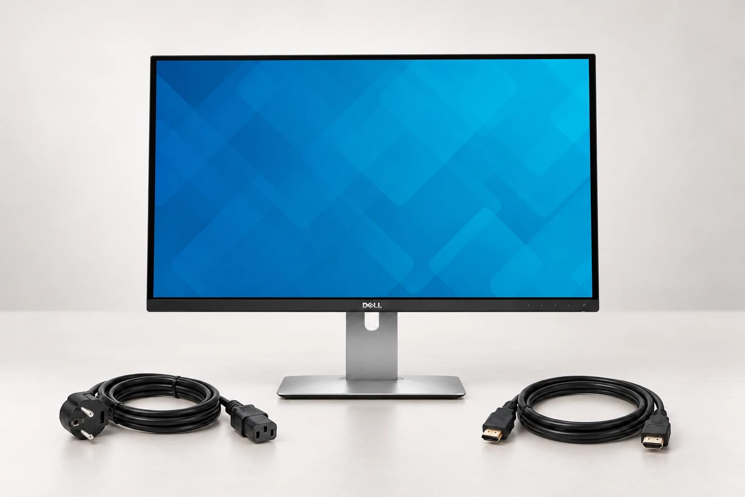 Dell U2715H 모니터와 스탠드, 전원 케이블, HDMI 케이블의 패키지 연출
