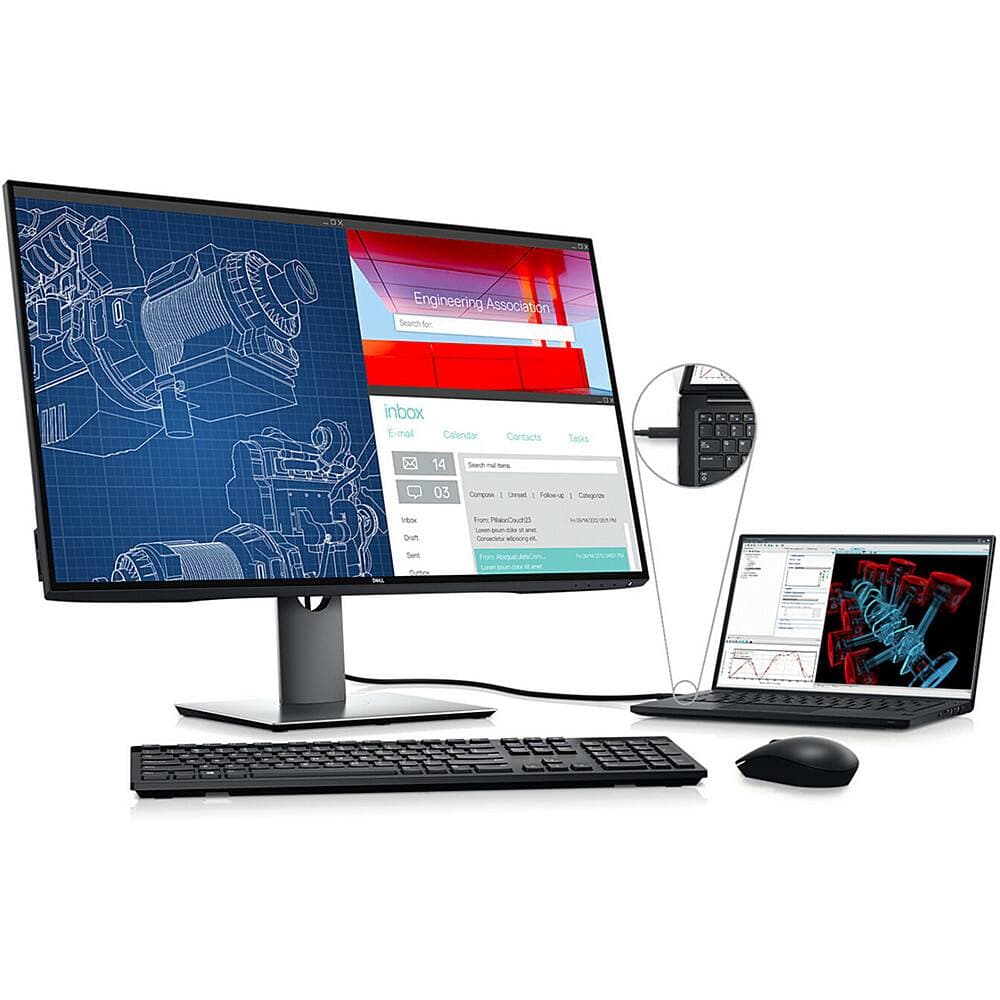 Dell U3219Q USB-C 연결 예시. 노트북·키보드·마우스는 별도 제품