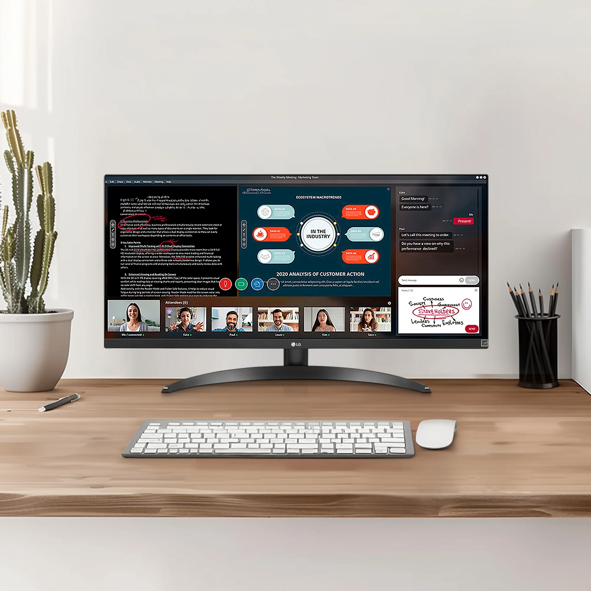 LG 29WP500 공식 책상 사용 예시 · 주변 소품 별도