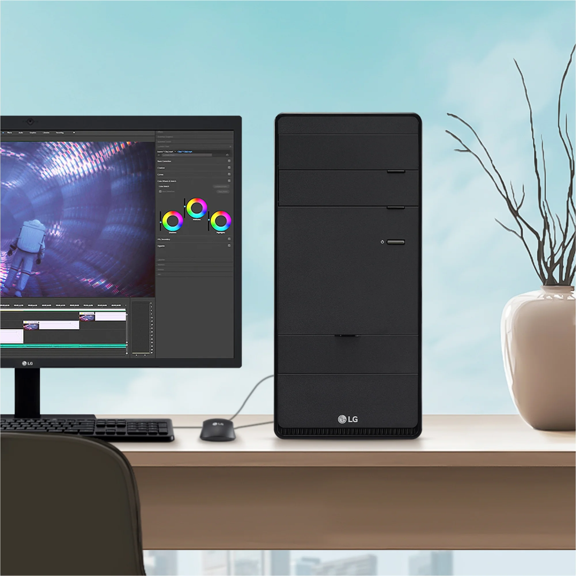 LG B80KV 업무 공간 연출 이미지. 모니터와 소품은 별도
