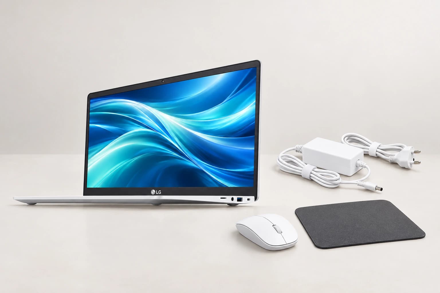 LG gram 14Z95N 본체·어댑터·무선 마우스·마우스패드 구성 연출 · CD 없음