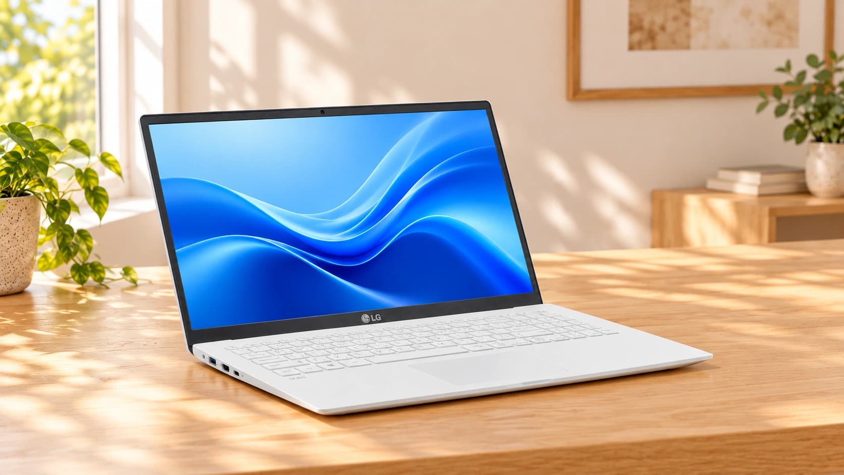 LG gram 15Z90N 전체 외형을 보여주는 업무 공간 AI 연출