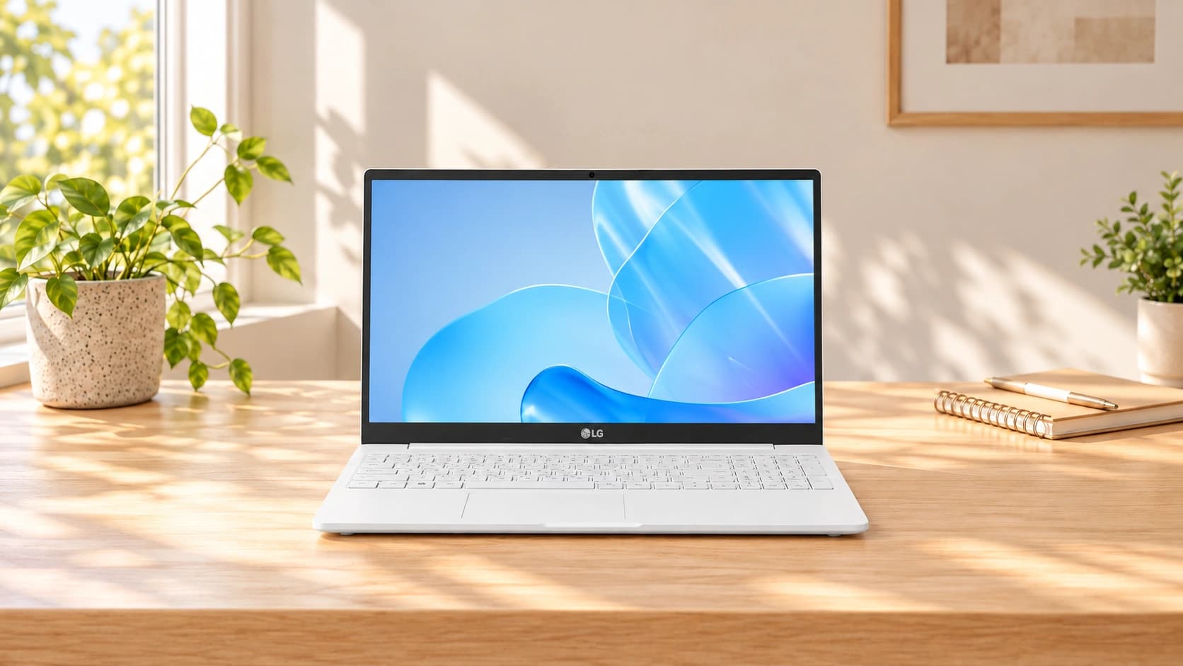 LG gram 15ZB995 전체 외형을 보여주는 업무 공간 AI 연출
