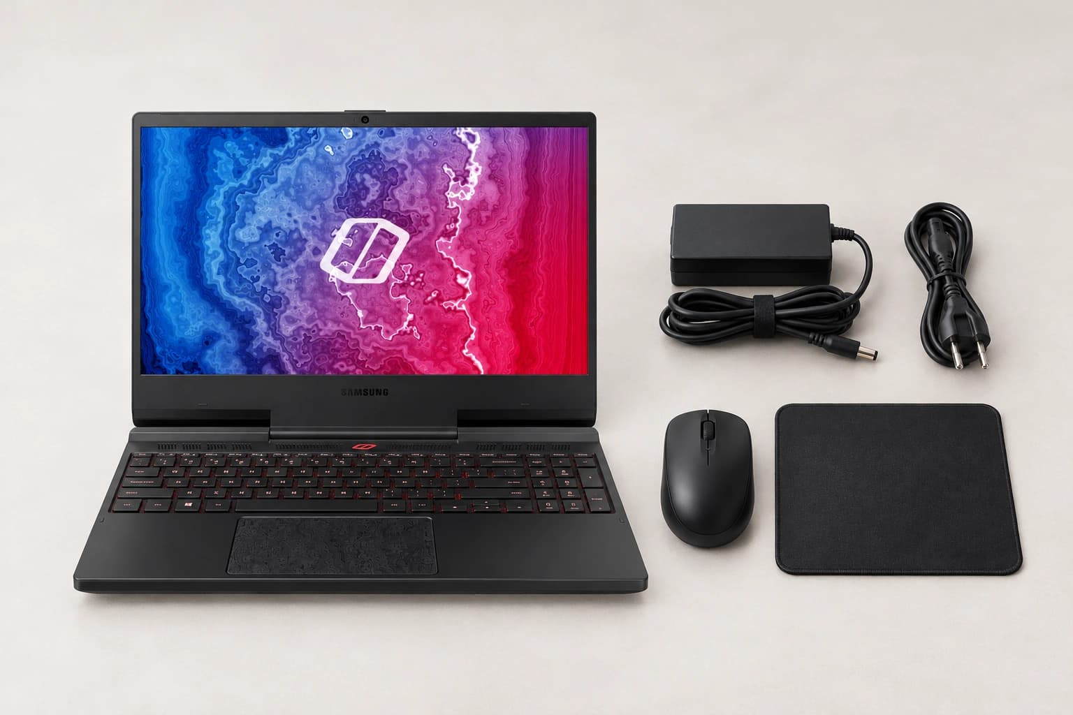 삼성 Odyssey NT850XCJ 본체·어댑터·무선 마우스·마우스패드 구성 연출 · CD 없음